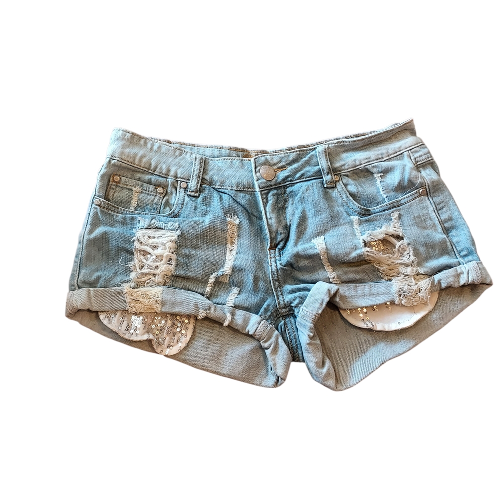 Papaya Light Blue Distressed Denim Shorts with Sequin Accents